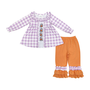 RTS Infant Girl Purple Plaid spooky pumpkin embroidery <b>Jumpsuit</b> Long Sleeve Wholesale Romper for Kid halloween <b>Baby</b> Girl - Product Image 4