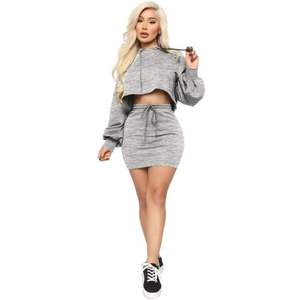 YHH-105 New Autumn Spring <strong>Women</strong> Casual Hooded Drawstring Long Sleeve Crop Top <strong>Hoodies</strong> Skirt Solid 2 Pieces Set <strong>Dress</strong> - Product Image 3