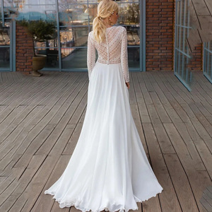 Elegant White Long Sleeve V Neck A Line Wedding Dress With Train Chiffon And Satin Fabric Natural Waistline Simple Design - Product Image 3