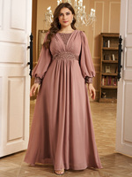 Robe de soirée maxi tendance pour femmes grandes tailles, couleur unie, col rond, manches lanternes, avec décoration en sequins plissés sur le devant