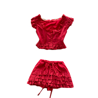Ensemble deux pièces pour femmes, haut à manches courtes à volants brodés à œillets et jupe à volants, style Y2K, pour les vacances