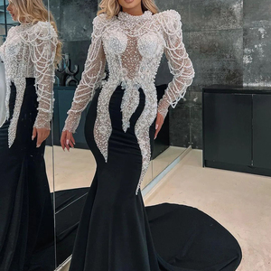Heavy Pearls Satin Mermaid Prom <b>Dresses</b> 2024 <b>Black</b> Girls High Neck Long Sleeves <b>Plus</b> <b>Size</b> Formal <b>Evening</b> Gowns RSM241007 - Product Image 1