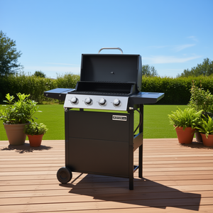 Barbecue au gaz propane Db 4 brûleurs en acier inoxydable 34000 Btu avec deux étagères, couvercle et roues pour patio, jardin et usage domestique - Product Image 2