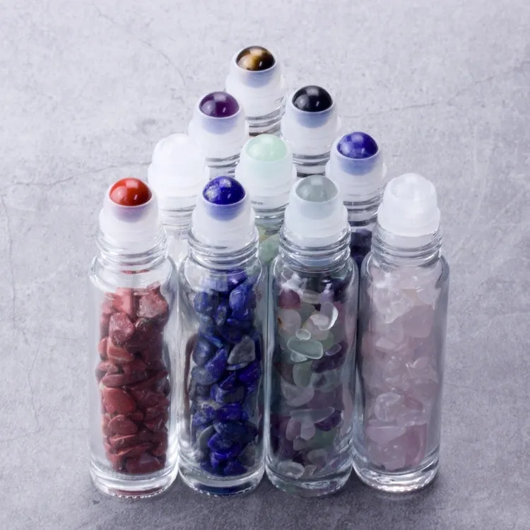 Hot Sell 10Ml Roll On Fles Met Edelsteen Roller Ball Crystal Chips In Glazen Roller Flessen Etherische Olie Monsterflessen