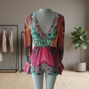 Combinaison mini élégante pour femme à col en V profond et manches longues, imprimé numérique, coupe ajustée, taille élastiquée, tendance, simple et écologique - Product Image 2