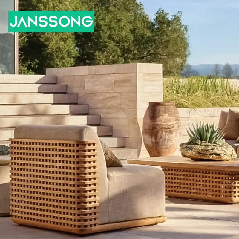 Modern Leisurely Style Comfortable Outdoor Teak Furniture Set with Woven Cane Panels for Hotel Living Room Park