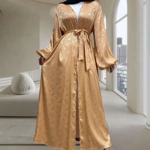 On Sale 9.9 Satin Material Pretty Pattern Loose Sleeves With Feather Cuff Elegant Cardigan Luxury New Muslim <b>Abaya</b> 1950# - Product Image 4