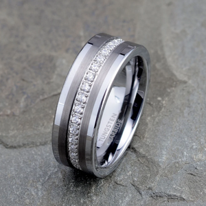 8mm <strong>Black</strong> Tungsten <strong>Ring</strong> For Men Women Engagement Promise Wedding <strong>Diamonds</strong> Band Princess Cz Stone Inlay Comfort Fit - Product Image 4