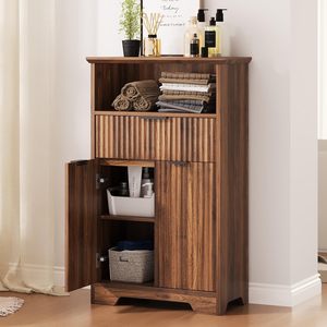 Gabinete de Almacenamiento Alto para Baño SENYU, de Madera de Nogal, con Estante Superior Abierto, Cajón y Puerta Doble, Organizador de Ropa para Baño - Product Image 1