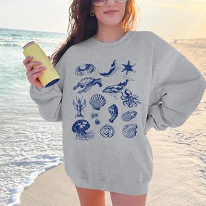 Sudadera Oversize de Algodón de Manga Larga para Mujer FOXA con Estampado Gráfico Oceánico de Tortuga, Ballena y Vida Marina, Hombros Caídos - Product Image 2