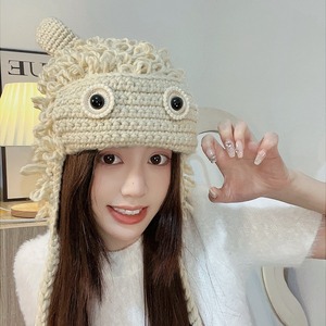 Cute Handmade Knitted <b>Hat</b> Beige Character Style Windproof Unisex Adult Autumn Winter Wear - Product Image 3