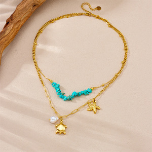 Fashion Layered Necklace Zinc Alloy Turtle Starfish Blue Pebble Pearl Design Animal Pattern N3328 - Product Image 2
