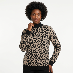 Custom ODM Cashmere Winter Jacquard Leopard Print <b>Crewneck</b> Knitted <b>Sweater</b> Pullover Women - Product Image 1