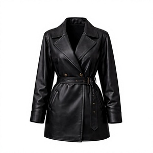 Manteau trench pour homme en cuir d'agneau véritable noir imperméable et respirant - Product Image 1