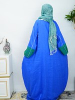 Abaya raffinée bleu-vert avec broderie contrastante, col en V, coupe ample, pour femmes musulmanes, style ethnique, robe longue de mariage pour l'Aïd