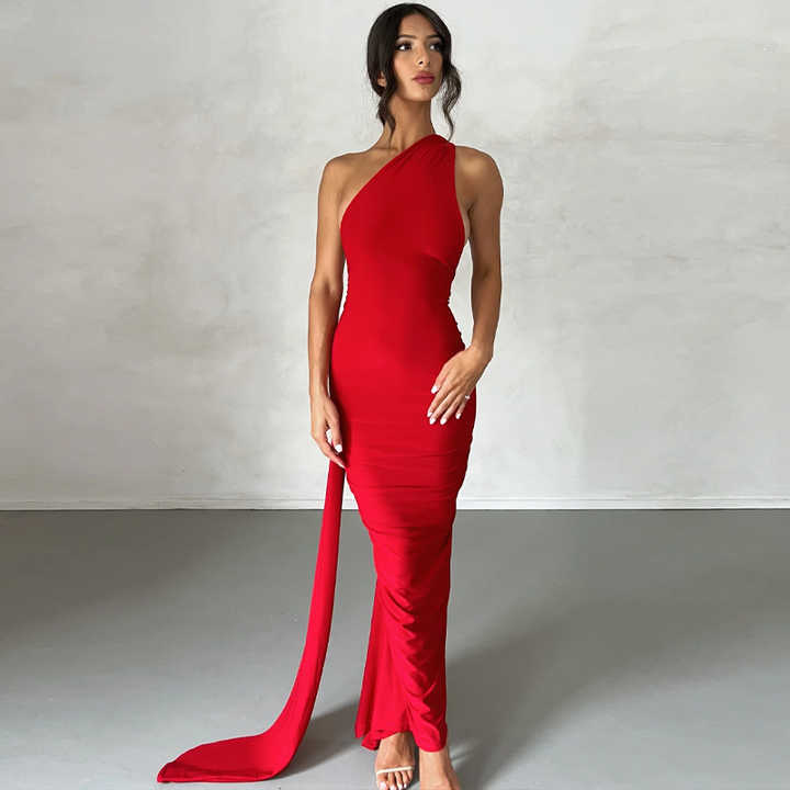 Sleeveless One Shoulder Ruched A-line Dress Clover