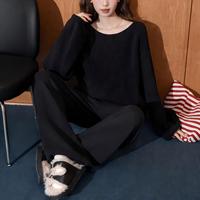 Ensemble tricoté 2 pièces en coton personnalisé OEM pour femme – Pull oversize à col bateau et pantalon large – Tenue décontractée et confortable pour femme