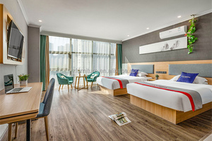 Budget Hotel Supplier Custom 3 Star Hotel Twin Bedroom Furniture Set 2 <b>Single</b> Wood <b>Base</b> <b>Beds</b> Frame with Headboard & Nightstand - Product Image 2