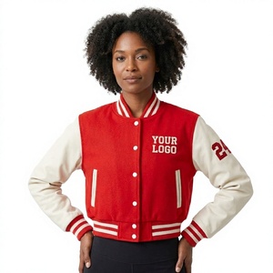 Varsity <b>Jacket</b> <b>Women</b> Embroidered Logo Leather Sleeve Wool Blend Cropped Letterman <b>Jacket</b> Wholesale Baseball <b>Bomber</b> - Product Image 1