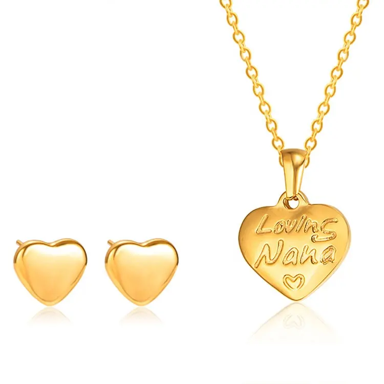 Women's Heart Shaped Stainless Steel Gold Plated Jewelry Set Necklace Earrings Blank Engraved Name Letter Wedding Jewelry