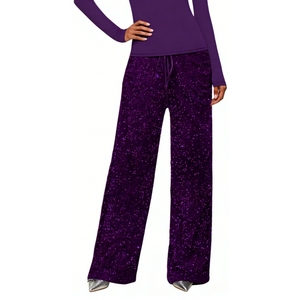 Pantalon large en velours à sequins pour femme - Pantalon de soirée à nouer à la taille - Tendance - Product Image 4