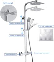 Mitigeur de douche thermostatique carré en acier inoxydable, ensemble de douche thermostatique à effet pluie chromé
