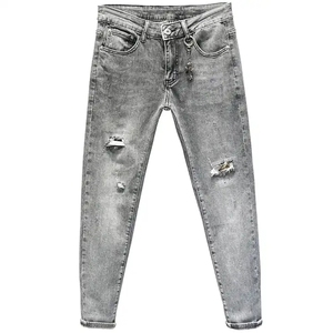 Pantalones de mezclilla de punto de algodón orgánico finos casuales para <span class=keywords><strong>hombre</strong></span>, de cintura alta, corte recto medio, con bordado de agujeros <span class=keywords><strong>rotos</strong></span>, formales para hombres jóvenes - Product Image 6