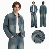 Ensemble 2 pièces homme hiver en denim tricoté thermique imprimé numérique, effet éclaboussures de peinture, délavage vintage, vente en gros