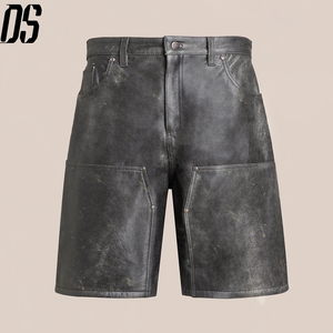Pantalones Cortos de Cuero Genuino con Acabado Vintage y Efecto Desgastado para Hombre, con Doble Rodilla, Ajuste Relajado, Estilo Jorts, Tendencia Streetwear para Chicos - Product Image 1