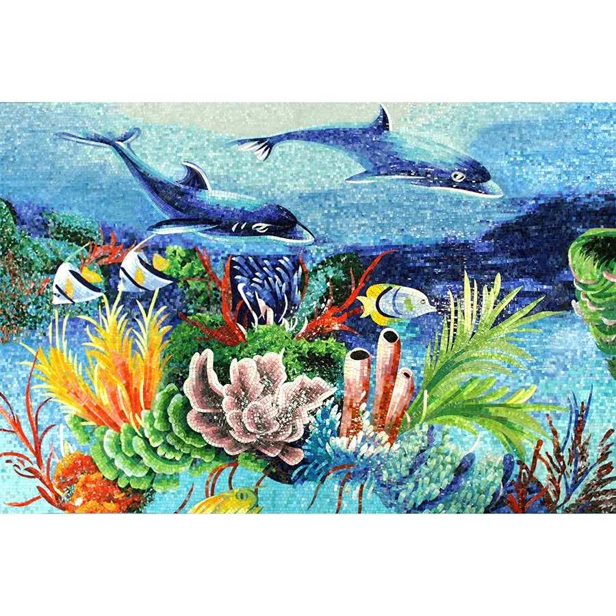 Desain Kustom Pola Ikan Lumba-lumba Lukisan Tangan Seni Kaca Mosaik Mural Laut untuk Ruang Tamu Dinding Hotel Kamar Mandi Kolam Renang