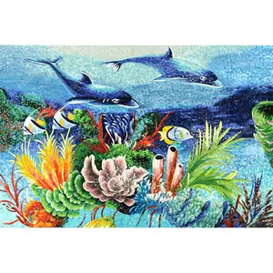 Custom Design Dolphin Fish Pattern Hand-cut Mosaic Art Glass Tile Ocean Mural For Living Room Wall Hotel Bathroom Swimming Pool