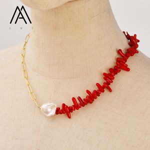 Collar de Perlas Barrocas Blancas de Agua Dulce Naturales con Plántulas de Coral Rojo y Cadena de Oro para Joyería Artesanal de Mujer - Product Image 6