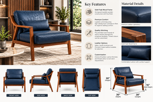 Sillón de Salón de Estilo Moderno de Mediados de Siglo con Estructura de Nogal, Tapicería de Cuero Azul Marino, Cojín de Asiento Acolchado y Diseño Minimalista Atemporal - Product Image 4