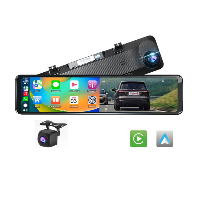 11.26" Mirror Portable Wireless Carplay Androidauto 4K Wifi Dual Cam Mirror Backup Rear View DVR Video Recorder Dash Cam