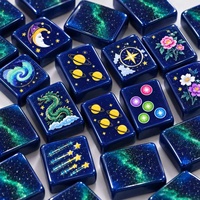 Tuiles de Mahjong Américain Thème Galaxie avec Corps en Acrylique Bleu Profond et Dos Nébuleuse Vert pour Soirées de Jeu Sociales