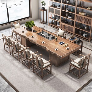 Juego de mesa y sillas de madera maciza con forma irregular y almacenamiento para sala de estar u oficina, estilo Zen - Product Image 3