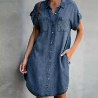 S-5XL nouvelle mode femmes Denim chemise robes revers bouton à manches courtes couleur unie Europe Style décontracté Midi longueur robe