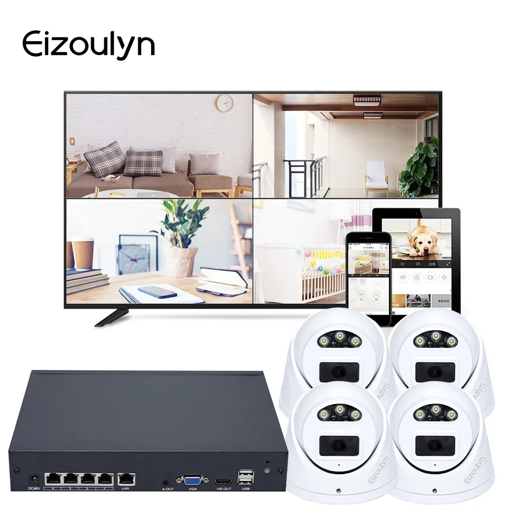 Eizoulyn indoor e outdoor H.265 4k NVR full color night vision 4MP 5MP 8MP POE IP Camera 4K NVR KIT 4ch 8ch 16ch sistema CCTV