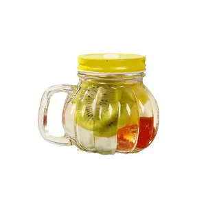 Wholesale New Style Empty 14oz Pumpkin Shape Fruit Juice Cold Drink Glass Mason Jars with Handle and straw