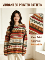 Pull en tricot jacquard multicolore de style ethnique vintage, col rond, texture rétro, manches longues 3D, OEM ODM disponible