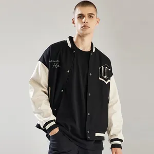 Индивидуальная куртка, кожаные рукава, синель, вышивка, нашивка, логотип, бейсбольная куртка, черно-белая контрастная куртка
