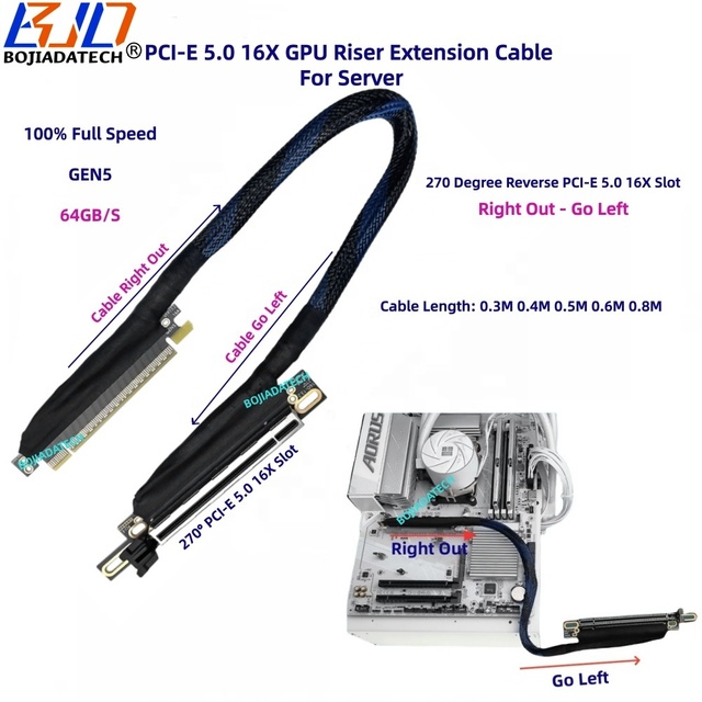 270 Degree PCI-E 5.0 16X to X16 GPU Riser Cable 0.4M 0.5M 06M 0.8M for RTX5090 AMD9070XT H100 A100 AI Server Graphics Card