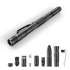 Stylo tactique multifonction en aluminium noir avec lumière LED, brise-vitre, outil de survie en plein air - Product Image 5
