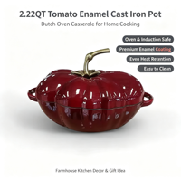 Cocotte en fonte émaillée en forme de tomate 2,22 QT, compatible four et induction, pour cuisine et cuisson