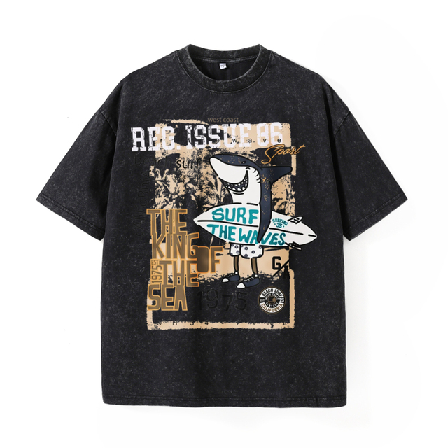 Black 100% Cotton Knitted Oversized T-Shirt with Shark Surfing Graphic and the King of the Sea Text for Beach and Casual Wear