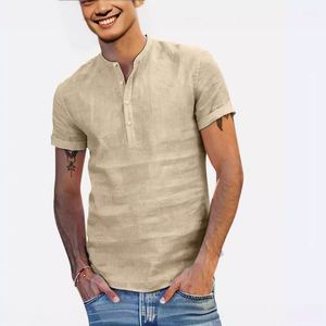 Men's Casual Cotton <b>Linen</b> V-Neck Short Sleeve <b>Shirt</b> Stand Collar Solid Pattern <b>Summer</b> - Product Image 3