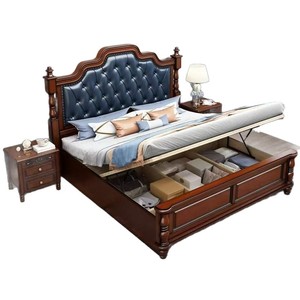 Lit double en bois massif de style américain 1,8x2m avec rangement, design européen, lit de mariage pour adultes et personnes âgées - Product Image 5