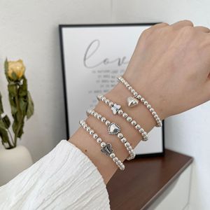 S925 Sterling Silver Heart <b>Bracelet</b> For Women Elastic Round <b>Bead</b> Charm Jewelry Everyday Wear Instagram Style - Product Image 1