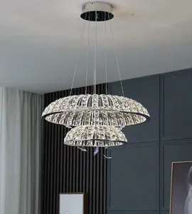 Lampu gantung kristal LED Modern, lampu gantung baja anti karat, lampu liontin bulat Led Modern untuk ruang tamu dan ruang makan