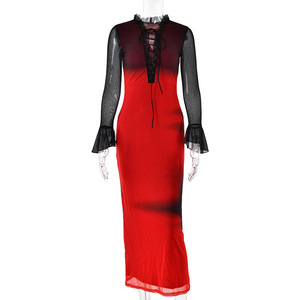 Vestido de mujer europeo-americano de moda primavera-verano 2025 con volantes de cinta, ajustado, de malla transparente, con manga acampanada y falda larga cruzada - Product Image 5